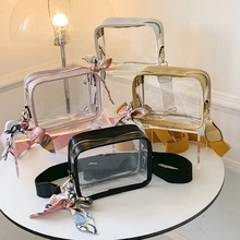 Collection of colorful transparent PVC crossbody bags with stylish printed silk scarves