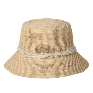 Beige wide brim straw hat with elegant lace ribbon and pearl embellishments for beach