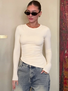 T-shirt À Manches Longues Froncé Pour Femmes Sexy Coupe Ajustée Col Rond Ourlet Irrégulier Polyester Élasthanne Streetwear Top