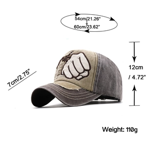 Size specifications of the vintage washed patchwork baseball cap with height and width
