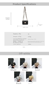 Detailed size guide for mini quilted chain bag with dimensions and five color options