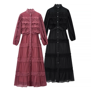Long Sleeve Maxi Dress Lace Patchwork Mesh Hollow Out High Waist Elegant Stand Collar Button Front Polyester