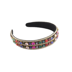 Baroque padded headband with colorful crystals and gold rhinestones on black base