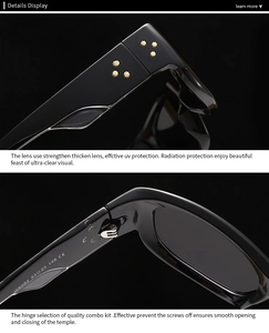 Macro shot of durable hinges and gold star rivets on black square sunglasses frame