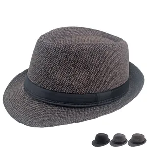 Classic men's wool fedora hat in dark brown tweed with black ribbon decoration