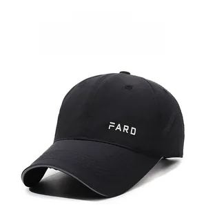 Close-up of quick-dry baseball cap featuring a metallic FARD logo on side detail