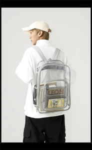 Detail showing the gray mesh side pocket and adjustable strap of the transparent PVC backpack
