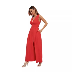 Elegant red sleeveless V-neck wide-leg jumpsuit with waist-cinching design for summer fashion