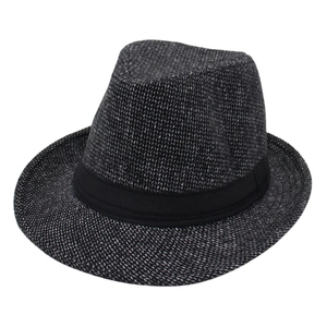 Classic black and white tweed fedora hat with a black satin band and textured finish