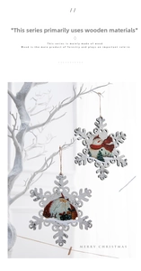 Detail of wooden snowflake pendants with Santa and snowman prints on a white branch