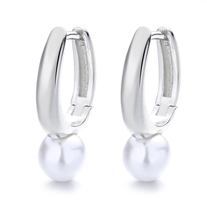 Elegant silver U-shaped hoop earrings with round white pearl pendants on white background