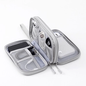 Gray double-layer digital accessory organizer with mesh pockets and elastic straps