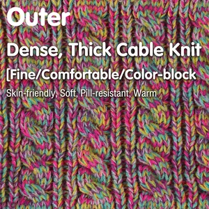 Detailed cable knit texture of winter hat and scarf set in vibrant multicolor yarn