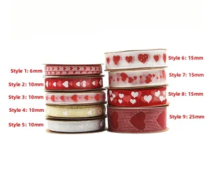 Set of heart patterned ribbons in red and white with multiple widths for gift wrapping