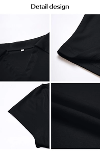 Détails d'un crop top noir en maille avec col en V montrant l'étiquette et coutures