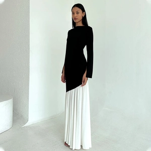 Elegant black and white contrast pleated long sleeve dress with slim fit and round neck