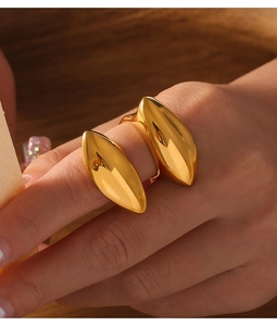 Detail of a bold 18k gold plated geometric oval ring with a high-polish finish