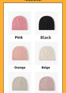 Color palette of diamond-patterned knitted beanies in pink, black, orange, and beige