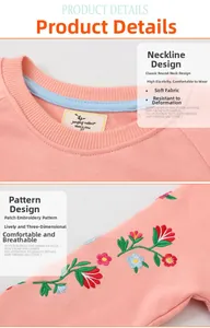 Detail of baby pink sweatshirt with colorful floral embroidery and ribbed crewneck