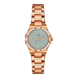 IBSO women's rose gold quartz watch with light blue starry dial and crystal bezel