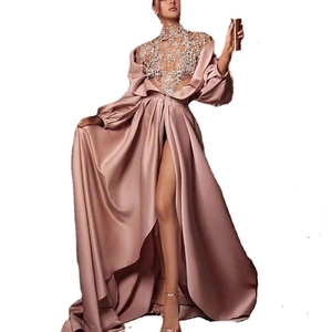 Elegant rose pink satin evening gown with lace embroidery and high slit for formal events
