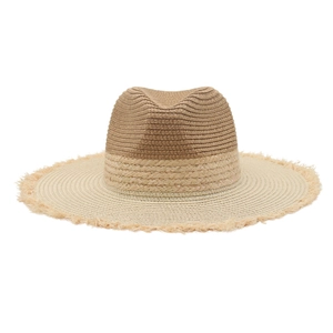 Two-tone woven straw cowboy hat with frayed brim and hollow design for summer beach holidays