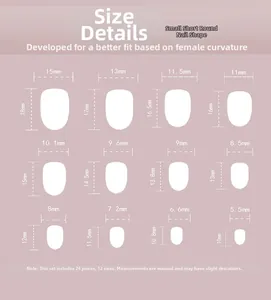 Detailed size chart for short round press-on nails showing 12 sizes across 24 pieces