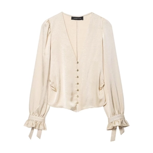 Élégant Chemisier En Satin Jacquard Col En V Boutons Dorés Manches Lanternes Poignets À Nœud Dos Froncé Pour Femmes