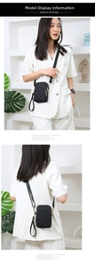 Front and back view of a black quilted nylon crossbody phone bag worn by a model