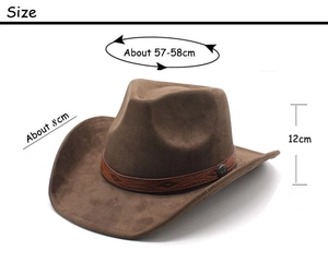 Size chart for brown faux suede fedora showing 57-58cm circumference and 8cm brim