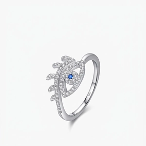 925 Sterling Silver Evil Eye Ring Blue White Zircon Adjustable Open Band Finger Jewelry For Women Fashion Eyelash Design