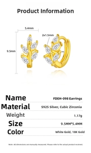 Detailed specifications of S925 sterling silver leaf earrings with zirconia dimensions