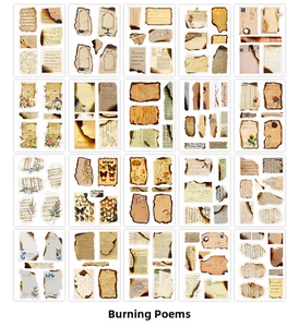 Macro view of 20 vintage PET stickers with burnt edges and floral patterns for scrapbooking