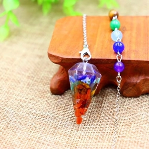 Seven chakra resin hexagonal pendulum pendant with colorful stone chips and silver chain