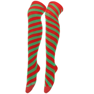 Detailed knit texture of festive red and green striped over-the-knee socks for women