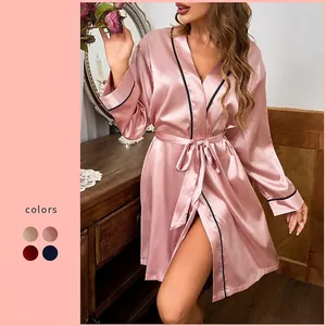 Women Satin Robe Imitation Satin Long Sleeve V Neck Contrast Piping Sash Tie Sleepwear Nightgown Loungewear Elegant