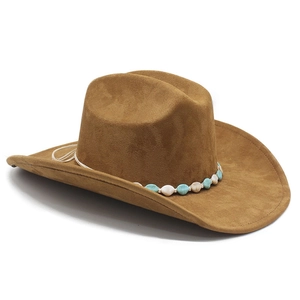 Close-up of ethnic beaded band on a wide brim dark brown suede western cowboy hat