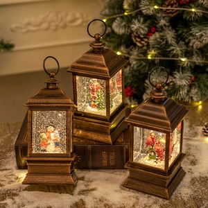 Vintage bronze Christmas lanterns with snowmen and Santa, glowing with swirling glitter snow