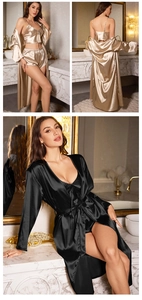 Ensemble de nuit 3 pièces en satin pour femme avec caraco, short et peignoir long soyeux