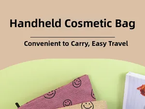Detail of pink and beige corduroy makeup bags with embroidered smile face patterns