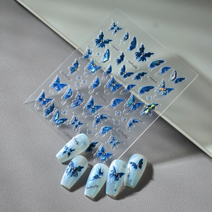 Elegant blue butterfly nail stickers with laser crystal rhinestones, Co-155 design