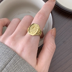 Virgin Mary Religious Signet Ring 925 Sterling Silver Vintage Retro Style Polished Adjustable Cross Motif Jewelry