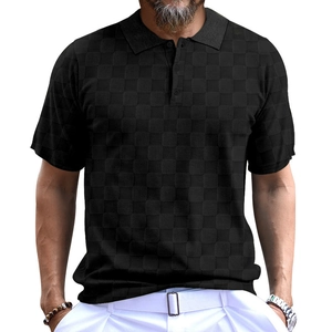 Men's black short sleeve Polo shirt featuring jacquard waffle texture and classic lapel