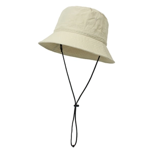Detail of light beige sun hat showing wide brim stitching and adjustable windproof rope