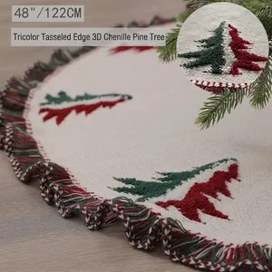Christmas Tree Skirt Knitted Acrylic Three Color Tassel Edge 3D Loop Cedar Pattern Holiday Party Home Floor Decoration Rustic