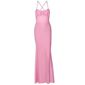 Pink backless maxi dress with cross straps and ruched bodice in a slim fishtail silhouette