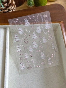Detail of silver-pink Christmas nail stickers with snowman and tree patterns in a box