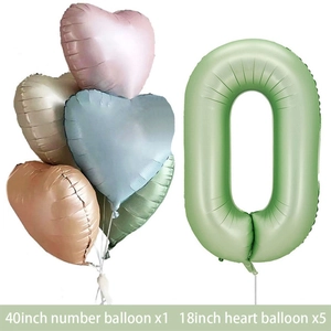 Set de ballon chiffre 0 vert olive 40 pouces et cinq ballons coeur 18 pouces multicolores