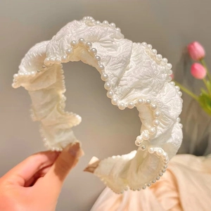 Elegant white ruched pearl headband with vintage French lace texture for women