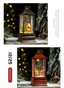 Close-up of vintage Christmas lantern with Santa sculpture, glitter liquid and warm lights